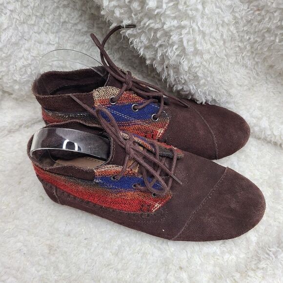 Toms Brown Suede Leather With Aztec‎ Pattern Lace-up Ankle Boots sz 8 - Picture 2 of 6
